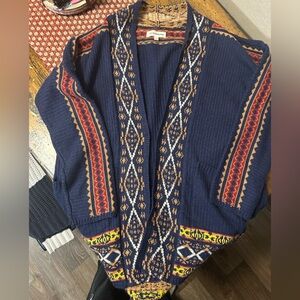 Lucky Brand Cardigan Womens L Sweater Aztec Tribal Knit Open Front Boho